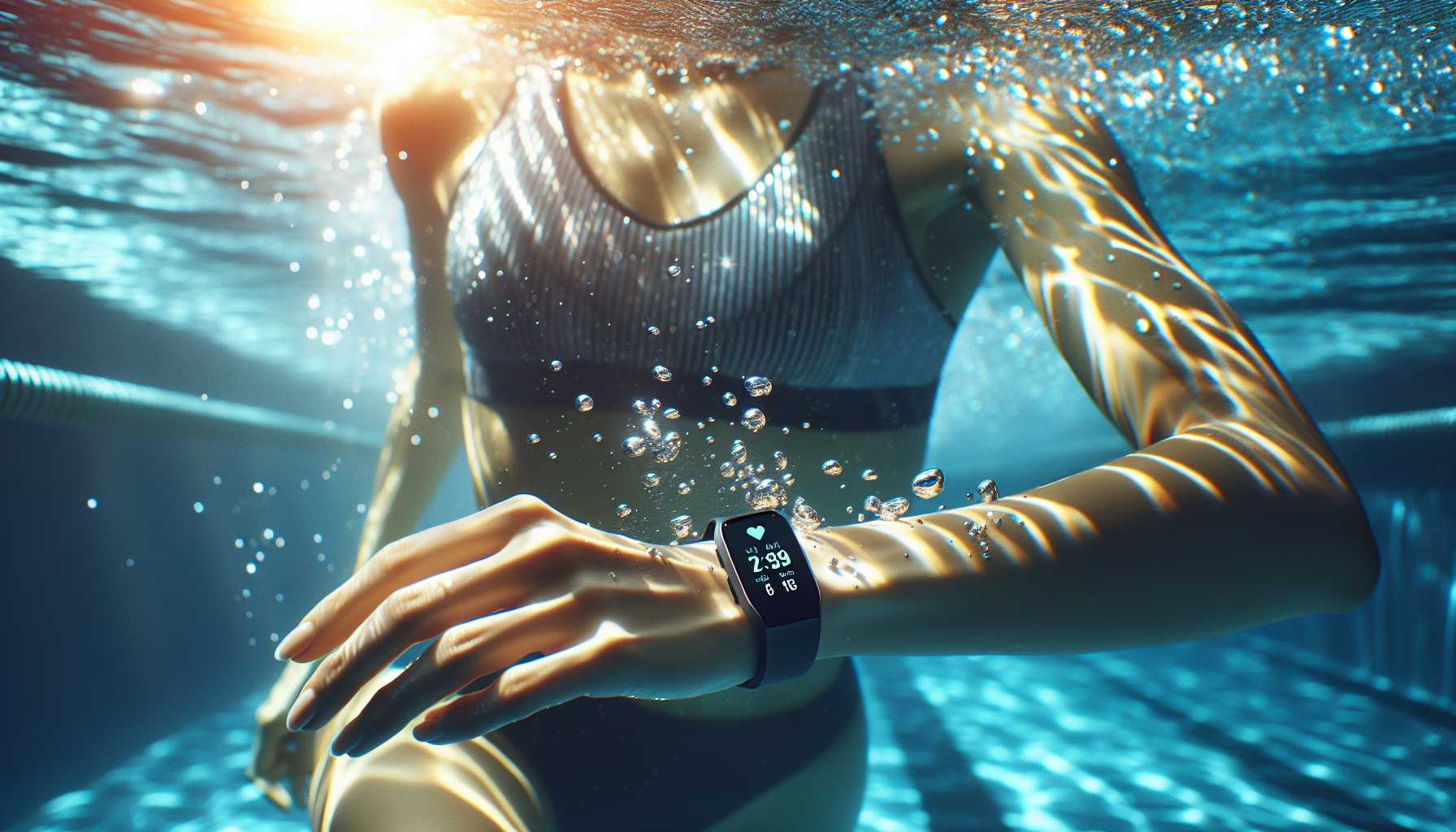 A person swimming with a fitness tracker on their wrist