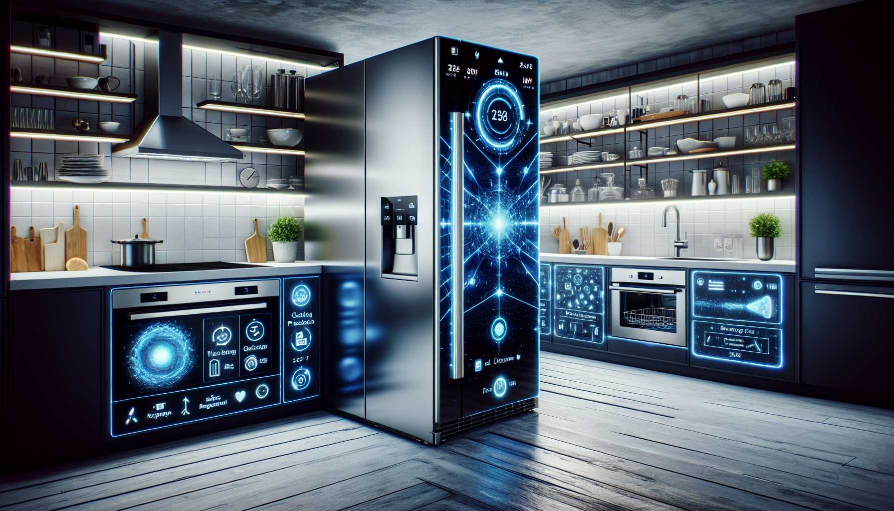 a modern kitchen with smart appliances, including a smart refrigerator, oven, and dishwasher