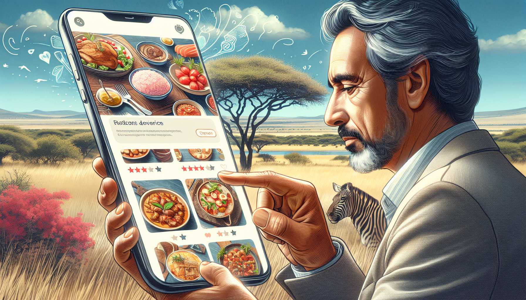 A person using a smartphone app to search for restaurants in South Africa