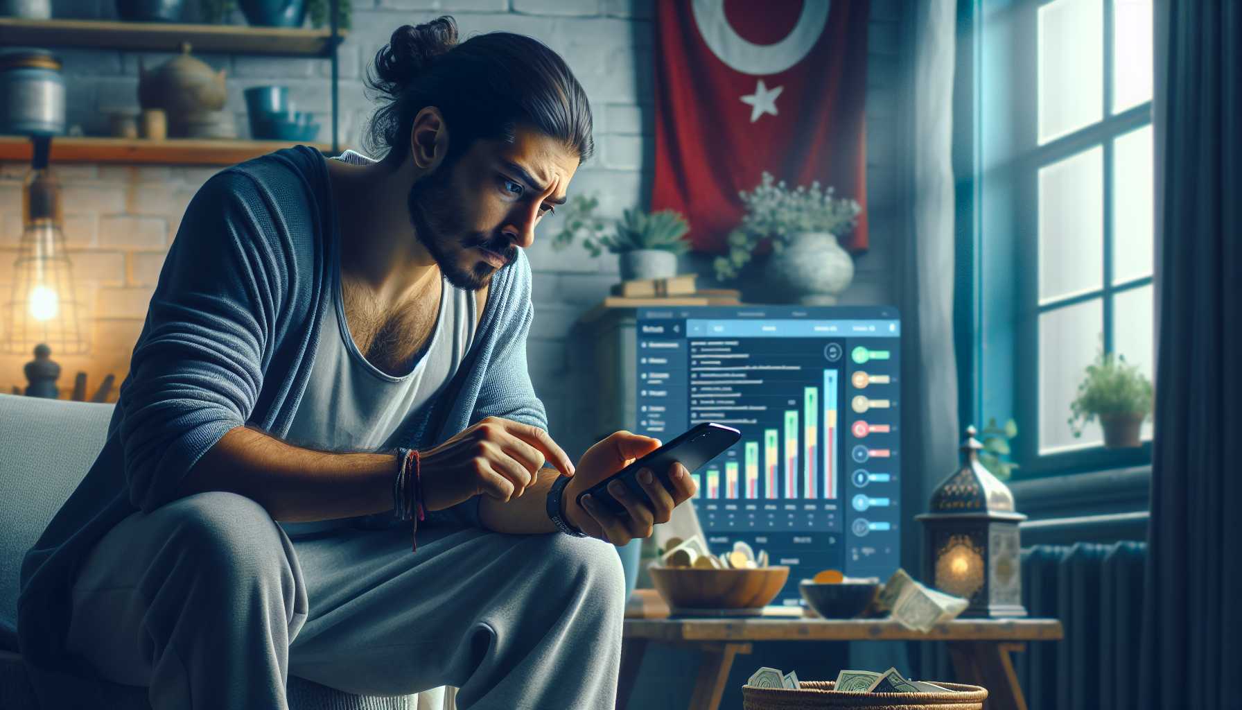 A person using a mobile app to manage their home budget in Turkey