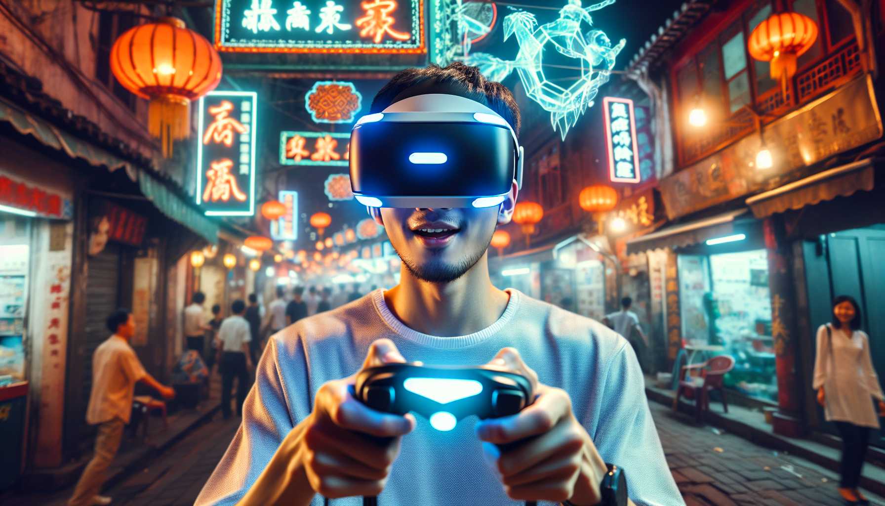 A person in China using a VR headset to play a game.