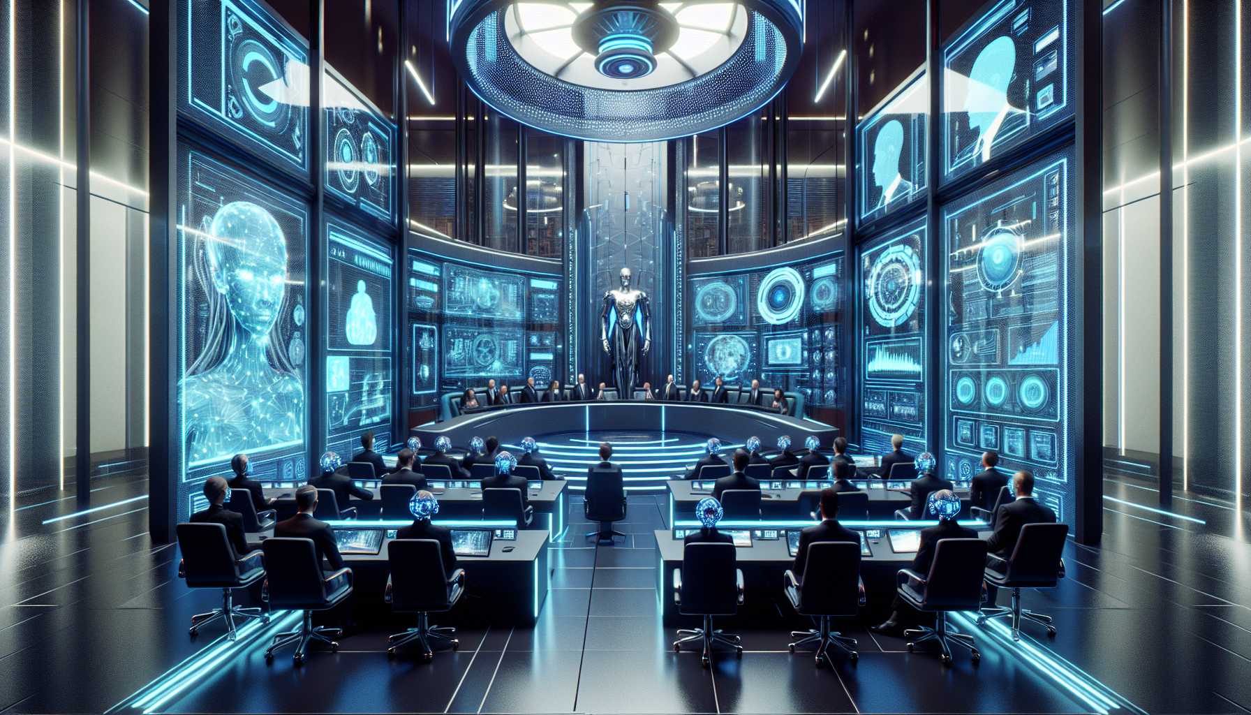 A futuristic courtroom with AI elements