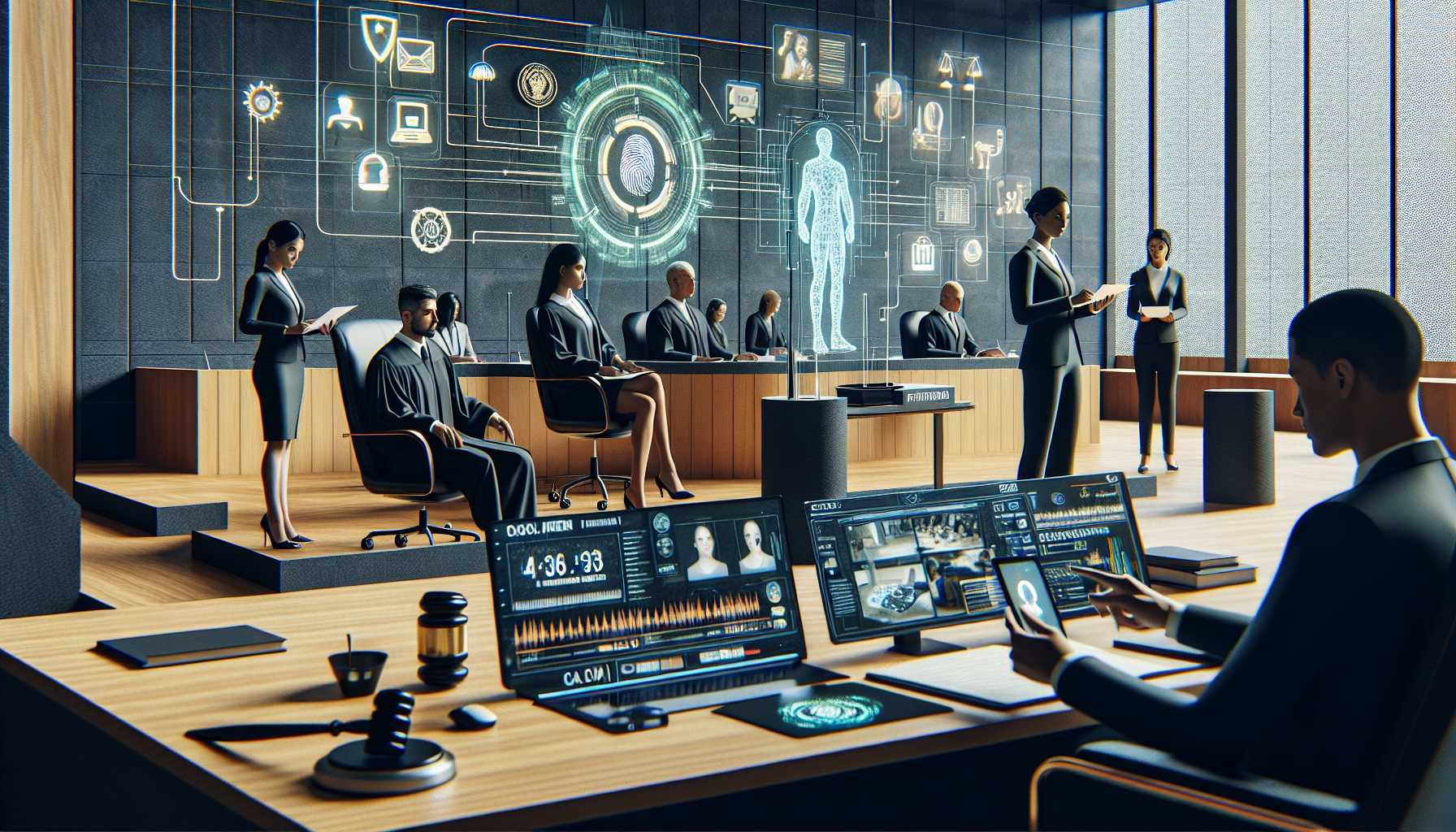 A courtroom scene with high tech gadgets