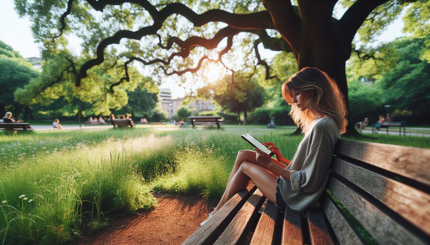 Person reading an ebook on a tablet in a park