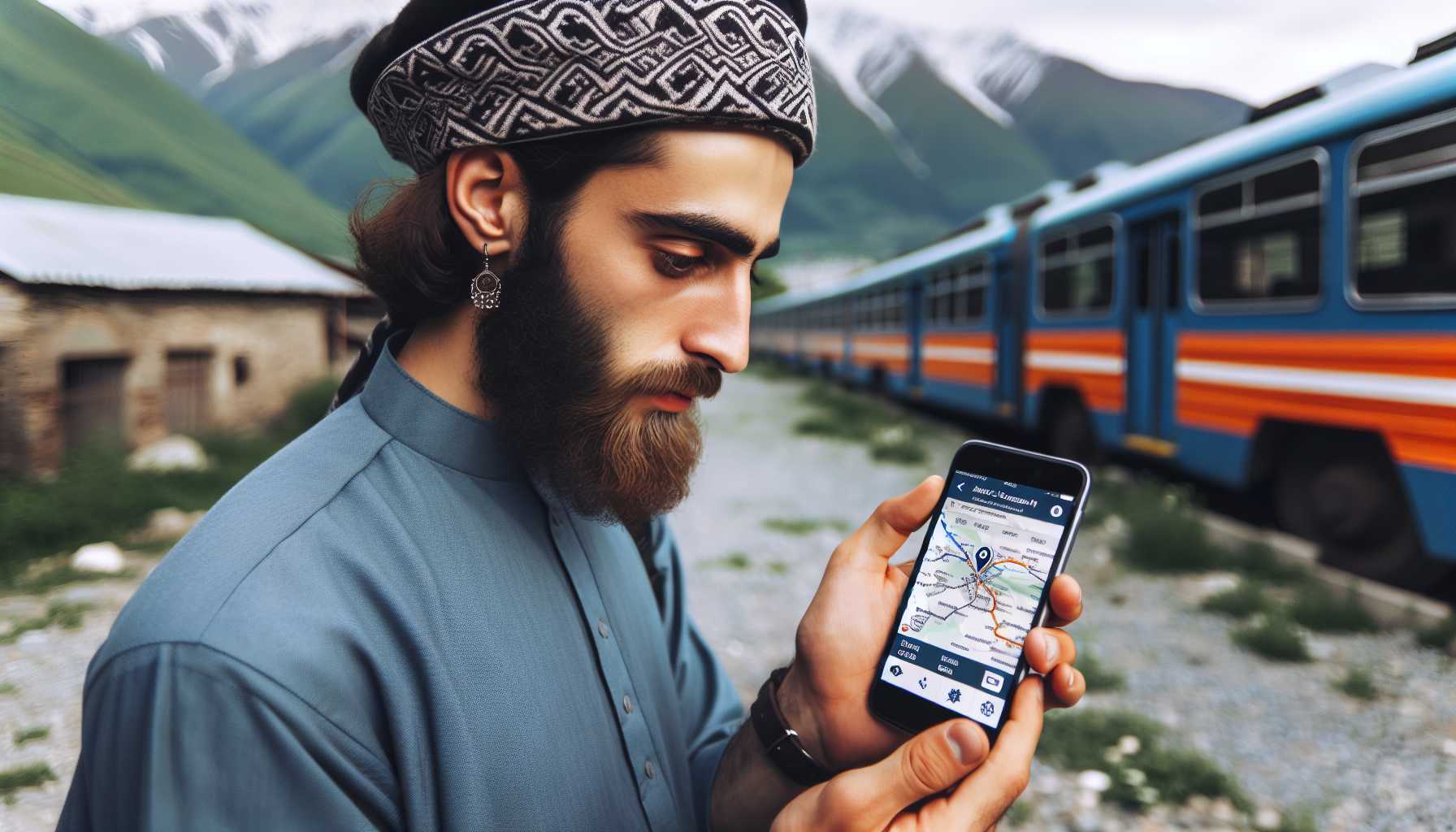 A person in North Ossetia-Alania using a smartphone app to plan their journey on public transportation.