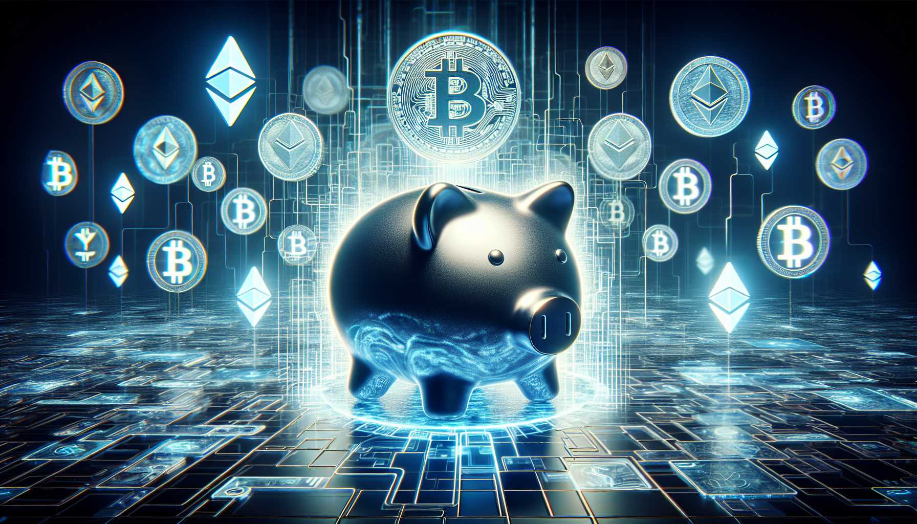 a large digital piggy bank surrounded by virtual currency symbols like Bitcoin and Ethereum