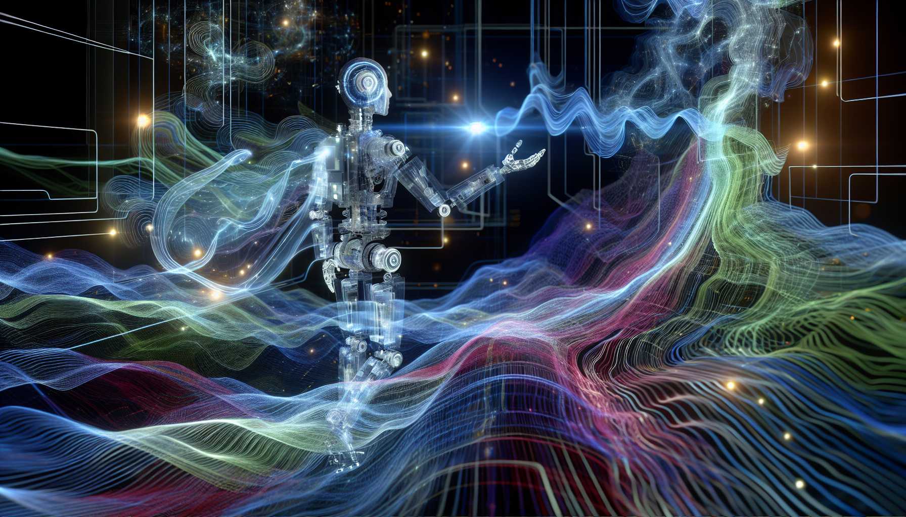 a futuristic transparent AI robot offering a guide through waves of digital information