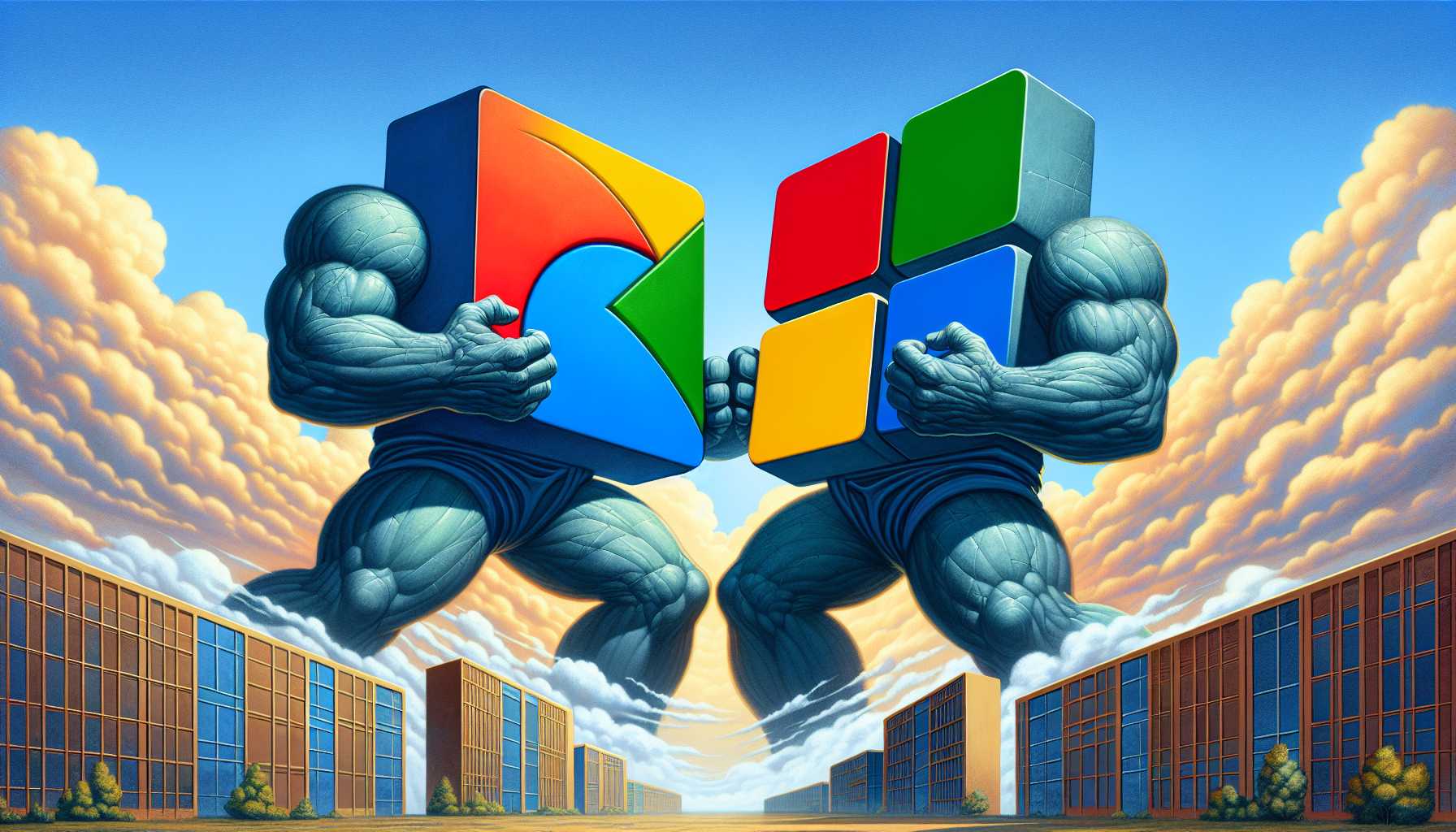 two giant tech company logos, Microsoft and Google, represented in a metaphorical corporate battle