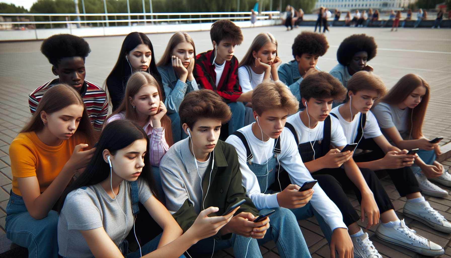 Teenagers in Vologda listening to music on their smartphones.