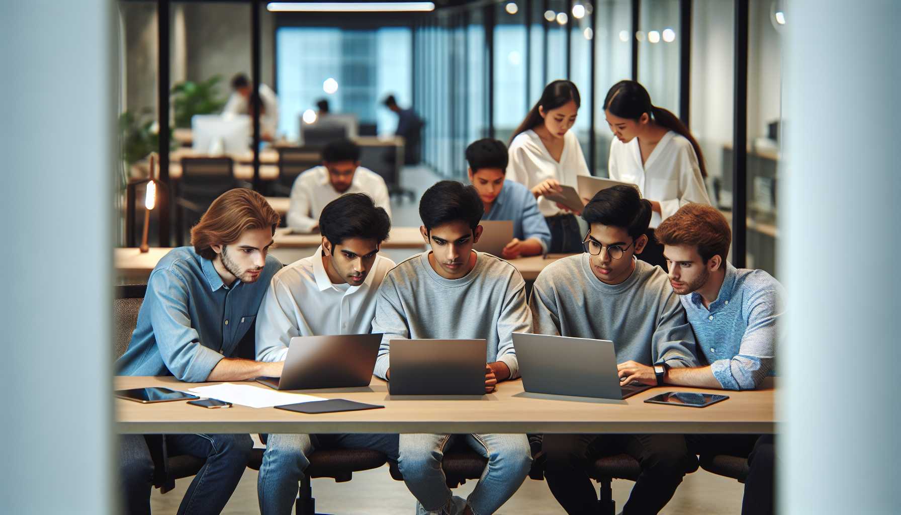 A group of young Indian entrepreneurs working on laptops and discussing blockchain technology in a modern office setting.