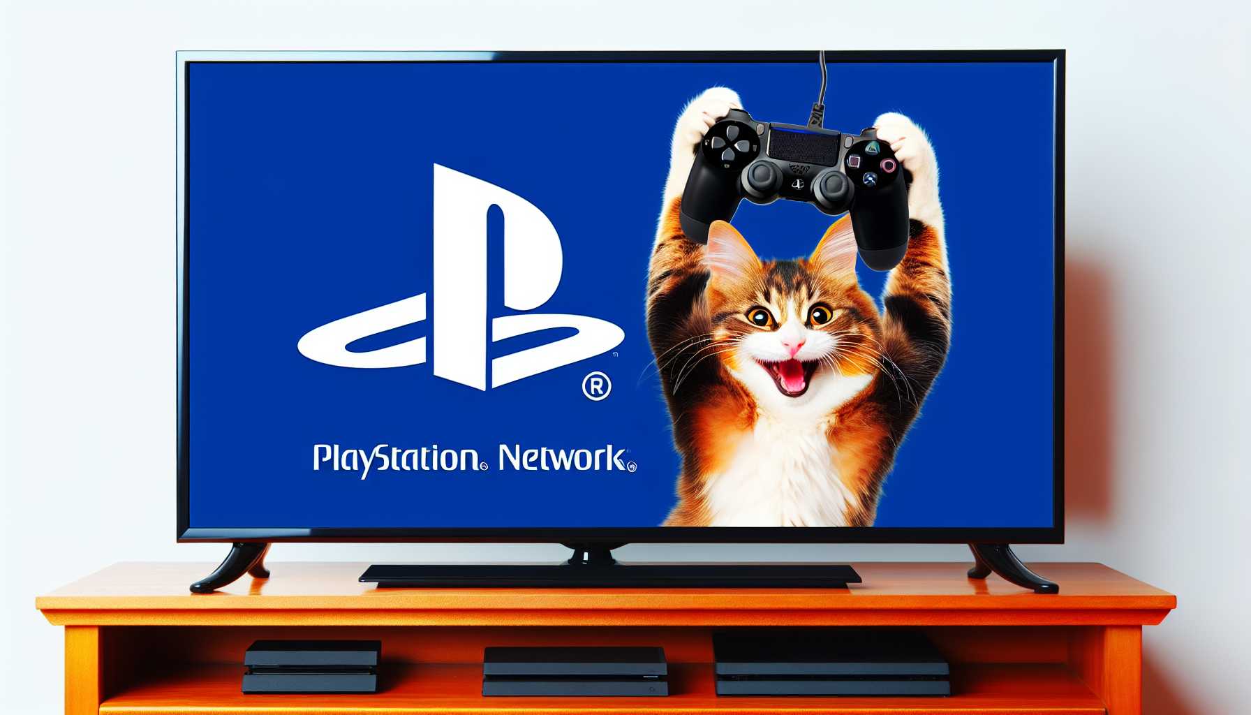 A happy cat playing with a controller in front of a large TV screen displaying the PlayStation Network logo.