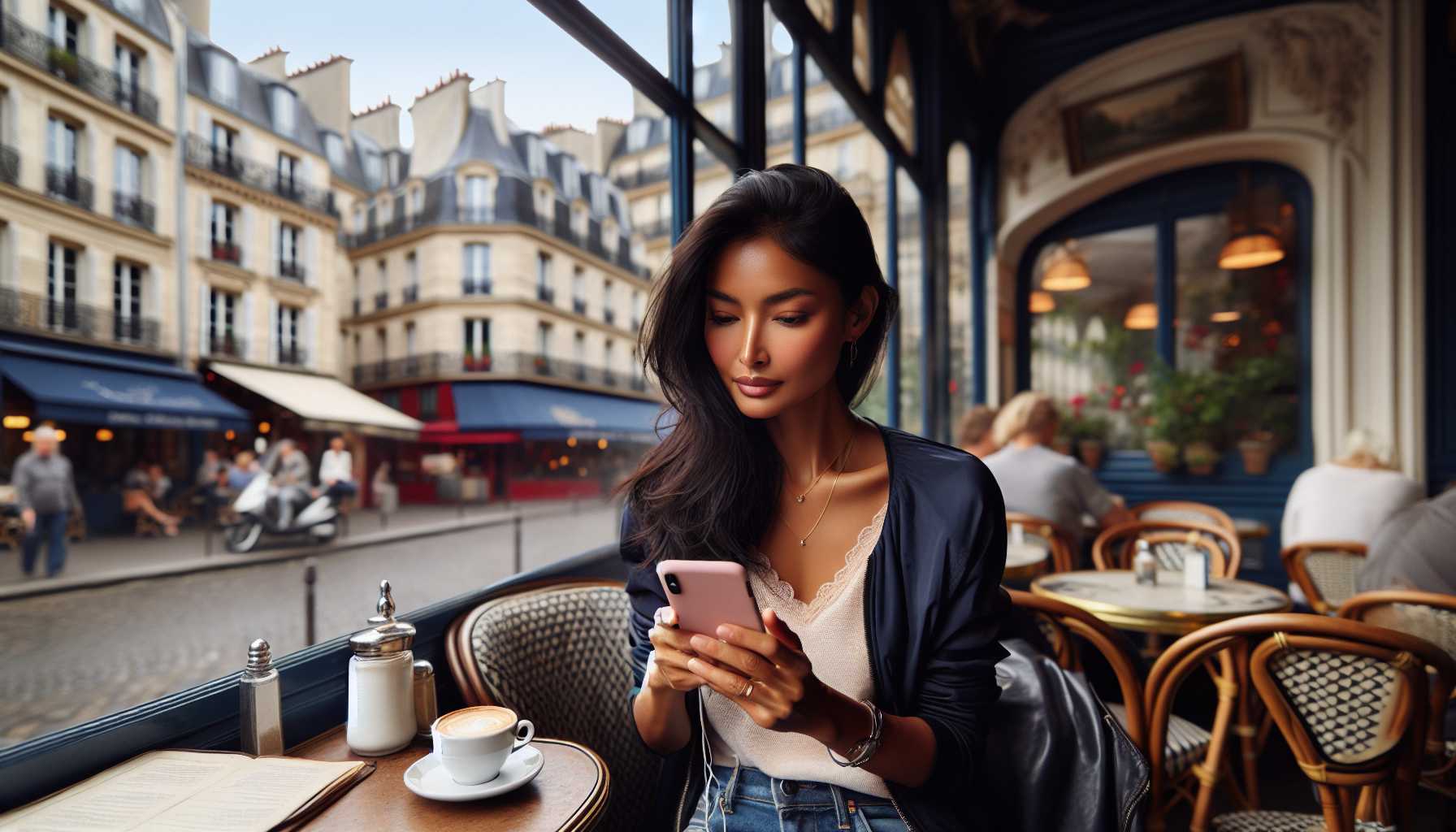 A person listening to a podcast on their phone in a cafe in Paris