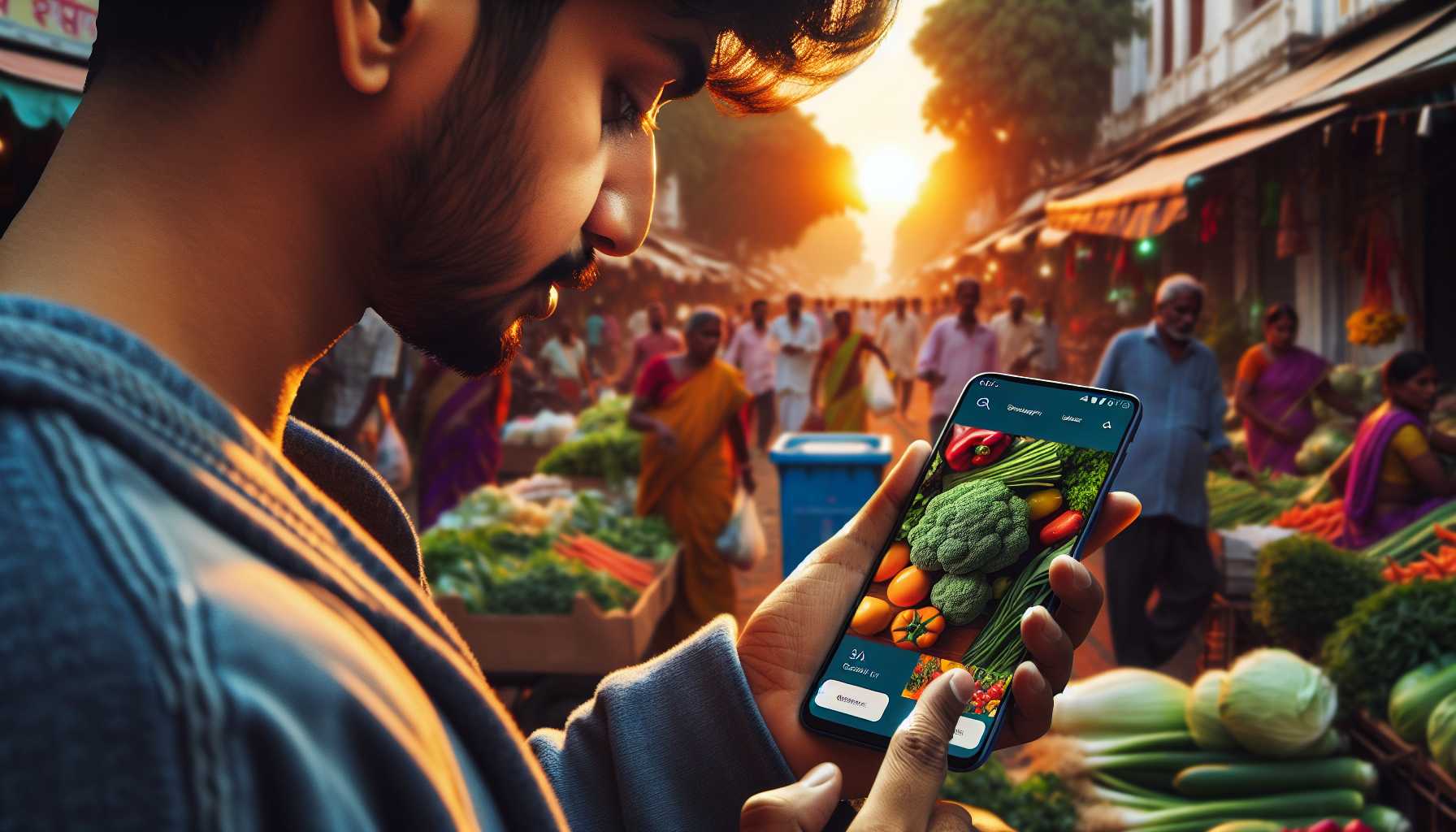 A person in India using a smartphone to order groceries online.