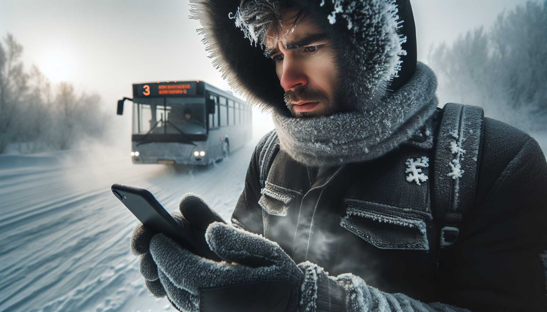 A person in Kurgan Oblast using a mobile app to check the schedule of a public bus.