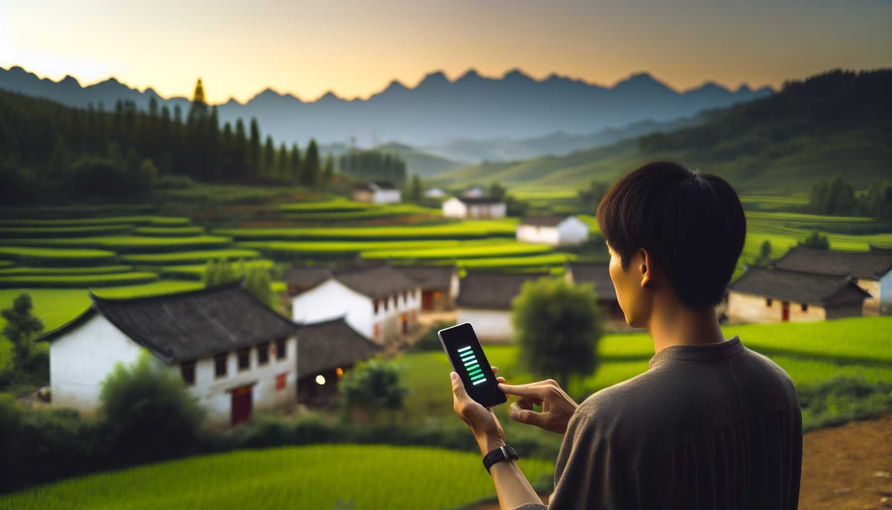 a person using a mobile phone in a rural area of China with a strong signal