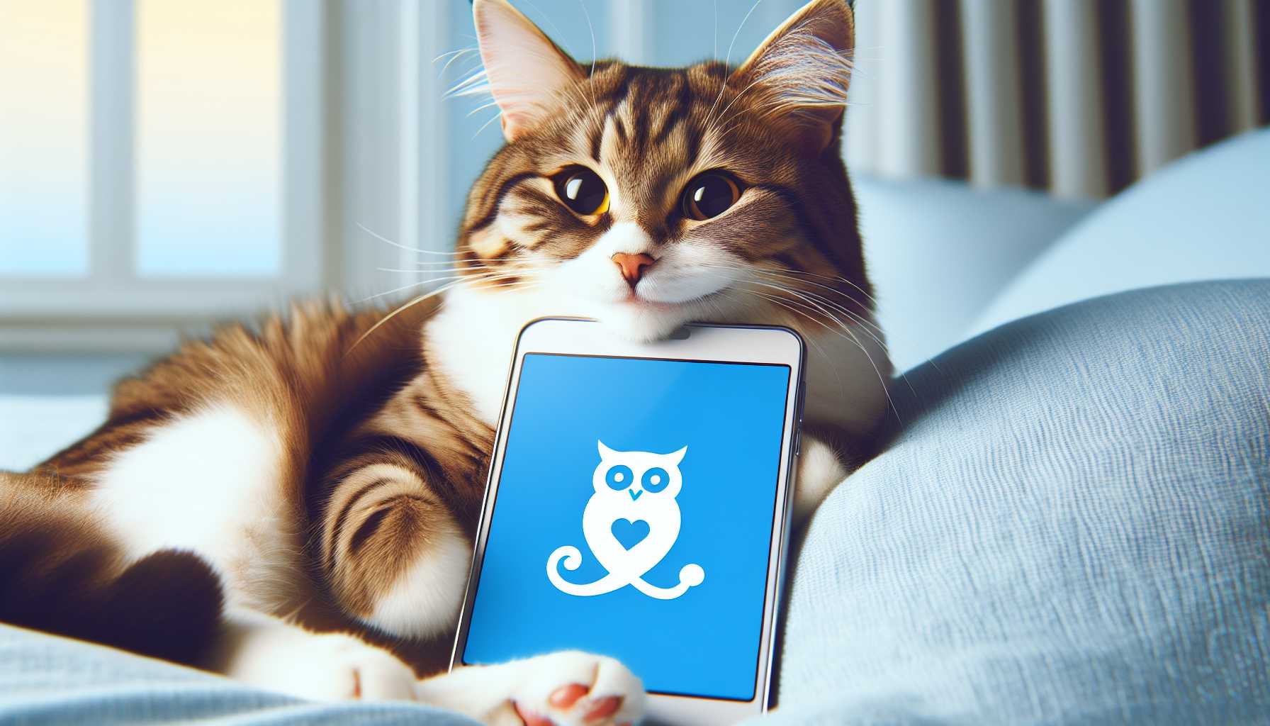 a happy cat holding a phone with the Hootsuite logo on it