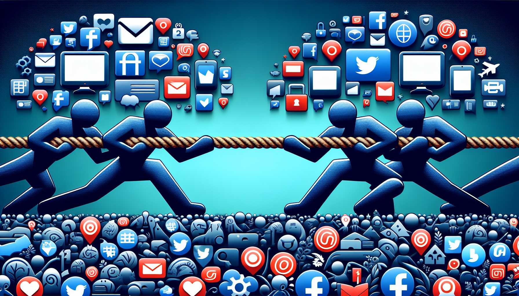 a tug of war between app store icons and a social media platform