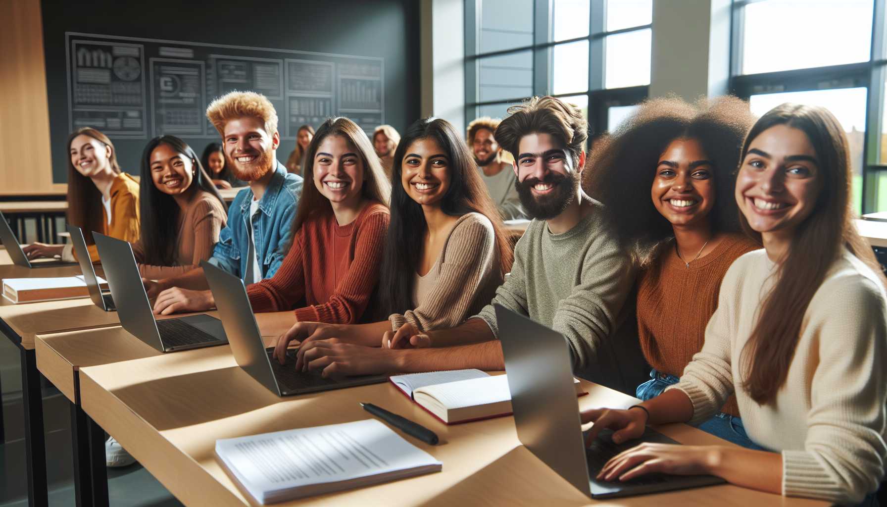 A group of diverse university students smiling and using laptops in a modern classroom setting.