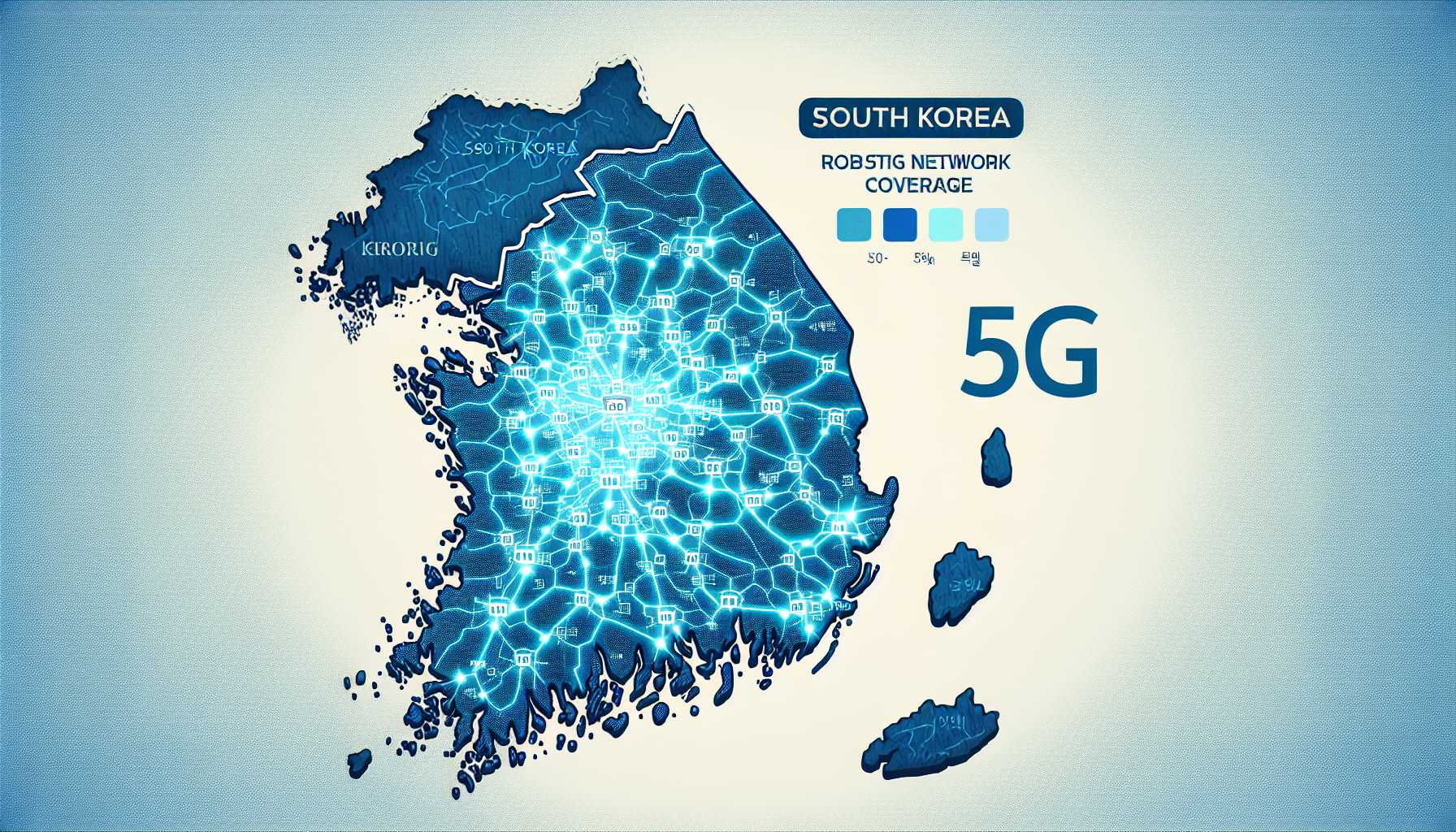 A map of South Korea with 5G network coverage highlighted in blue