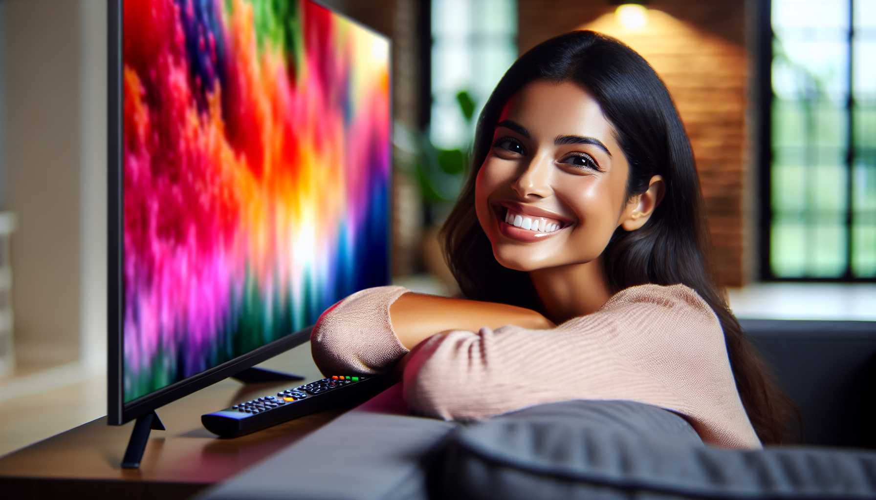 a person watching a 4K TV with a smile on their face