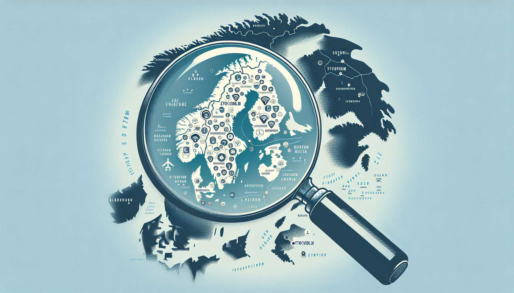 Map of Sweden with a magnifying glass over Stockholm highlighting the high rate of internet and smartphone penetration