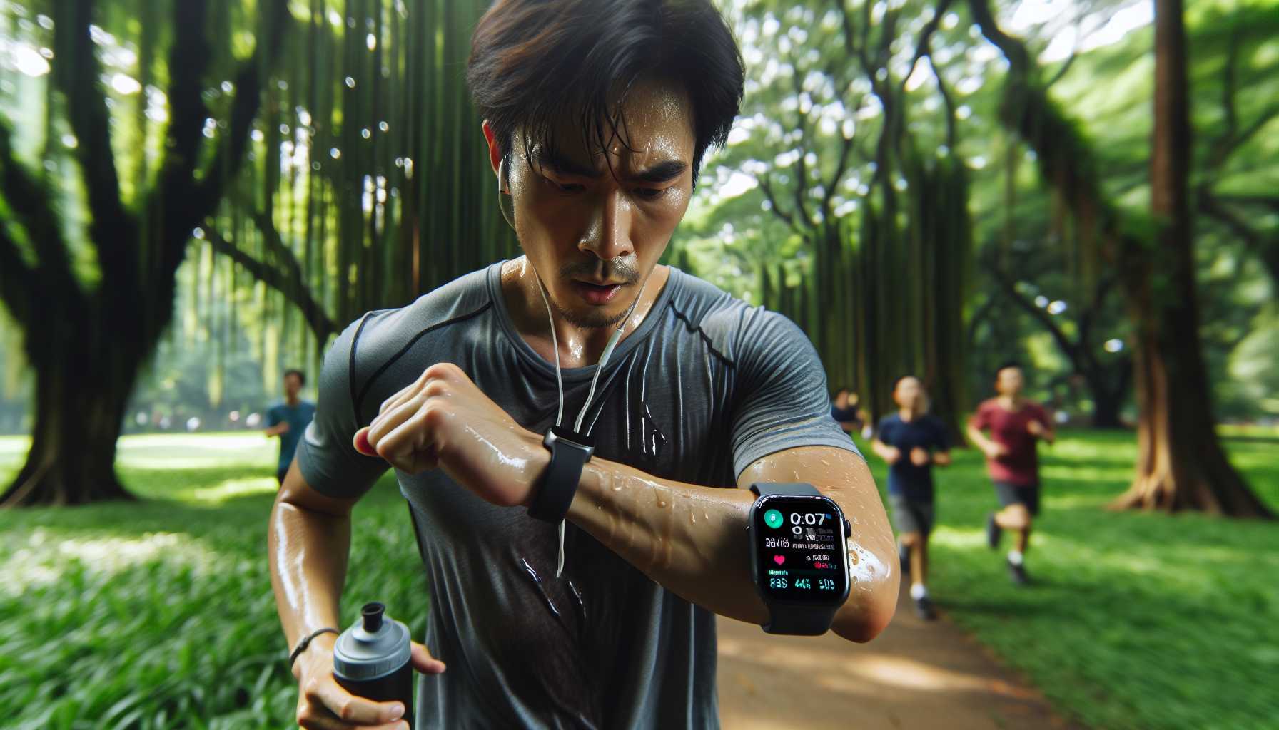 A person using a fitness app on their smartwatch while running in a park