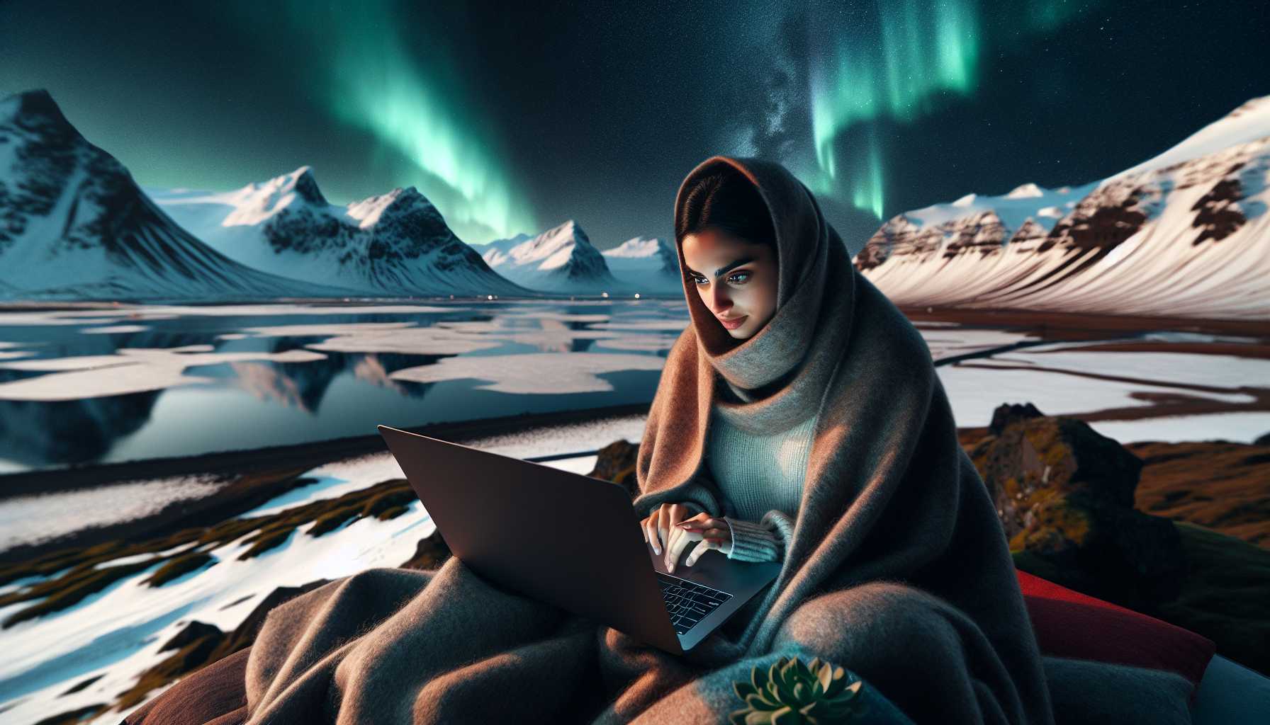 A person in Iceland watching a movie on a laptop