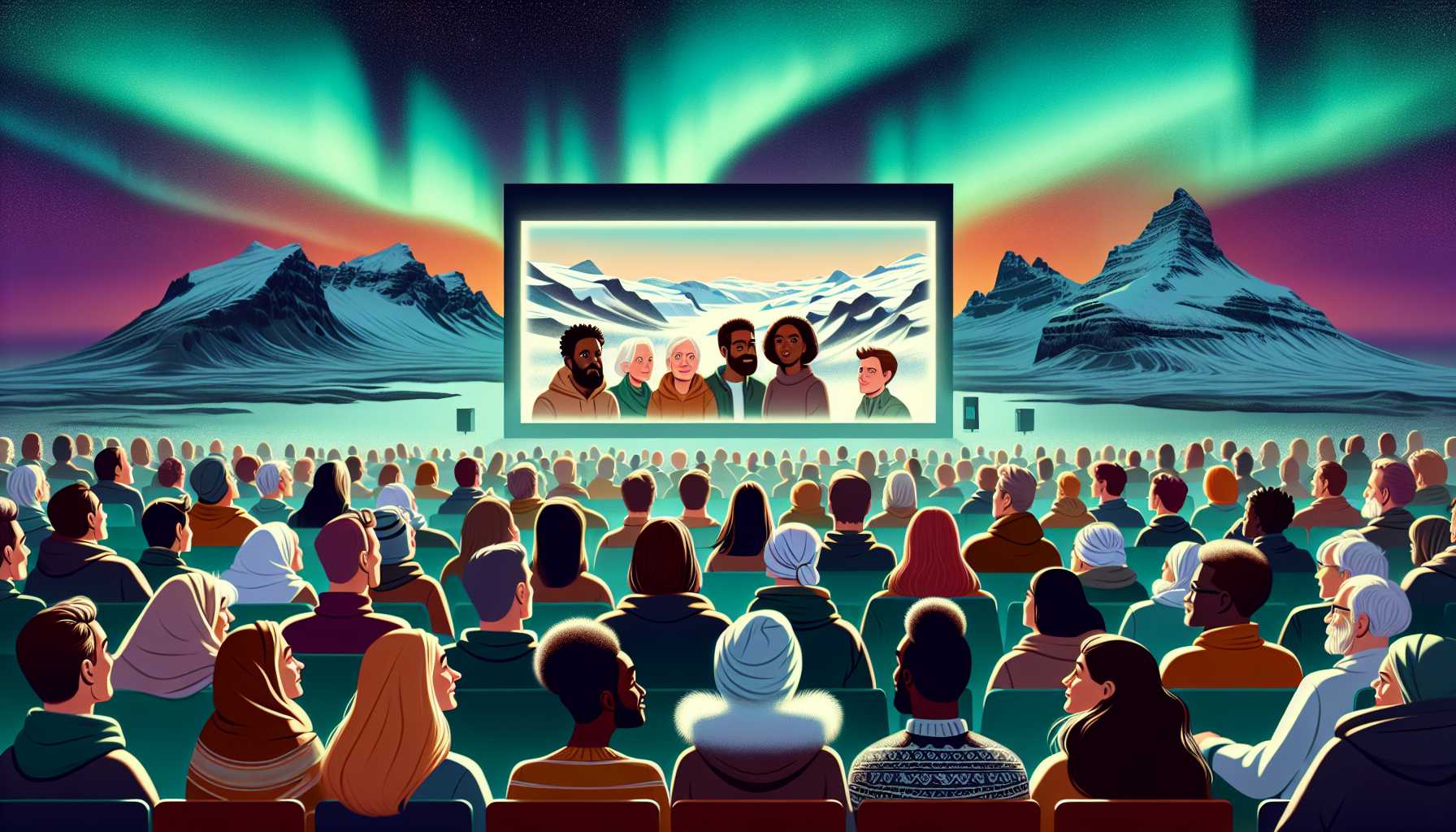 A group of people in Iceland watching a movie on a big screen