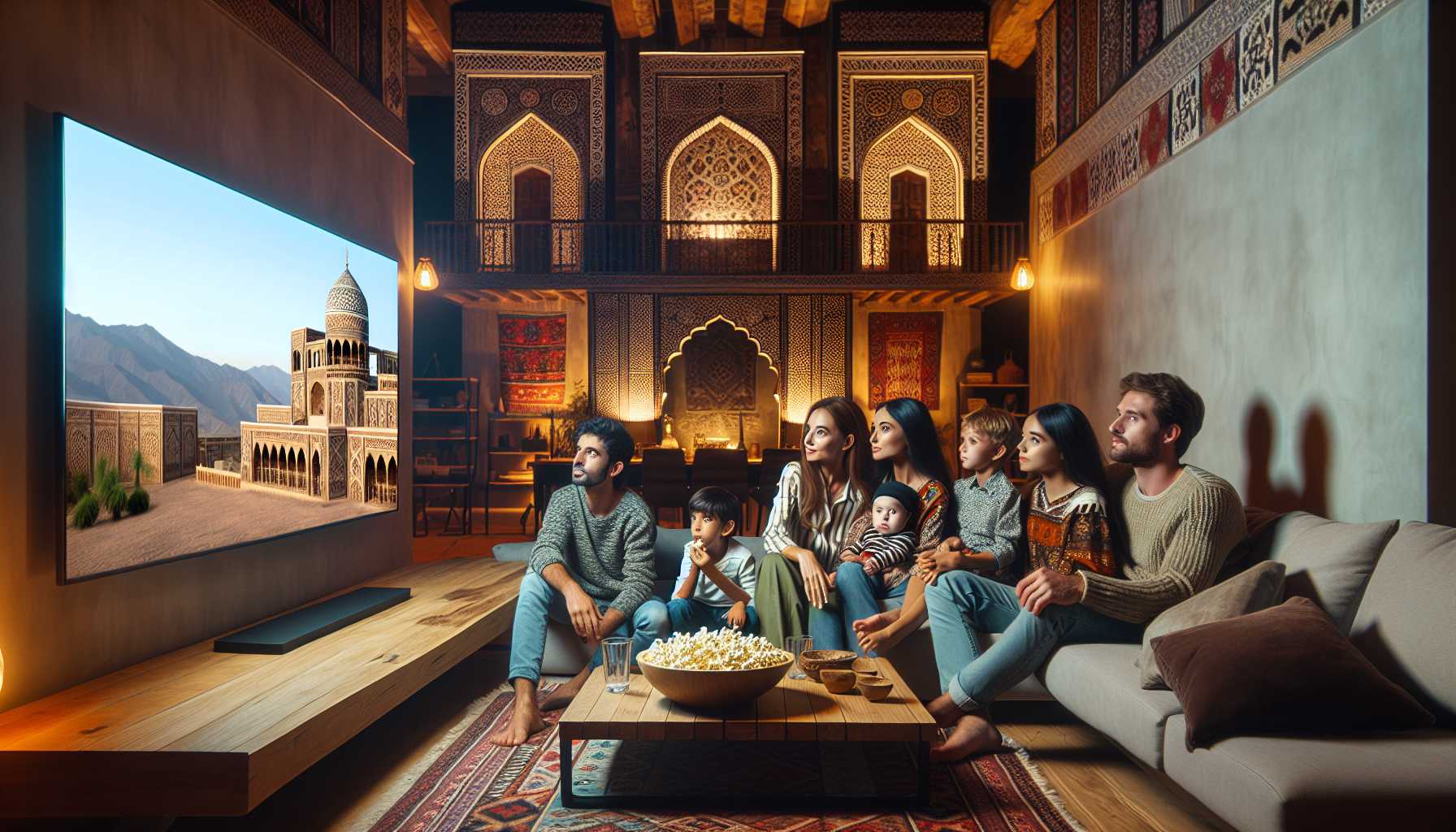 A modern living room in Chechnya with a family enjoying a movie on a large smart TV.