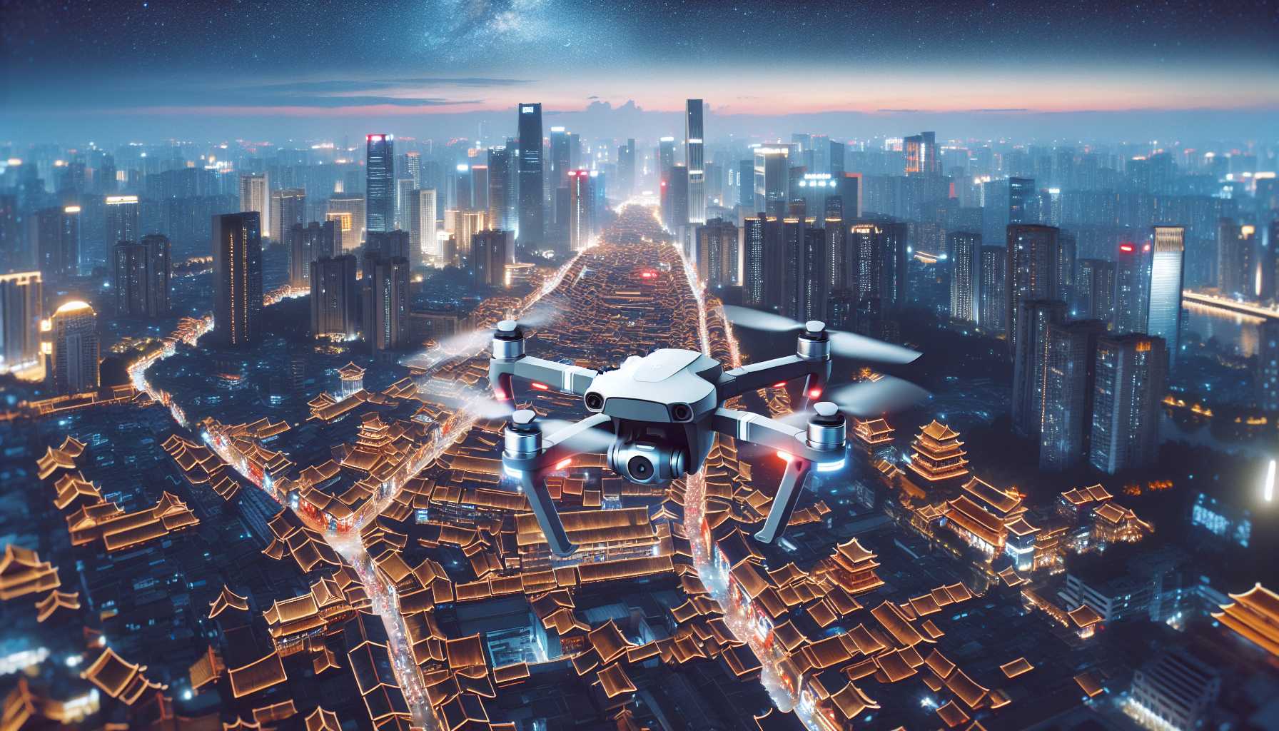 A consumer drone flying over a city in China