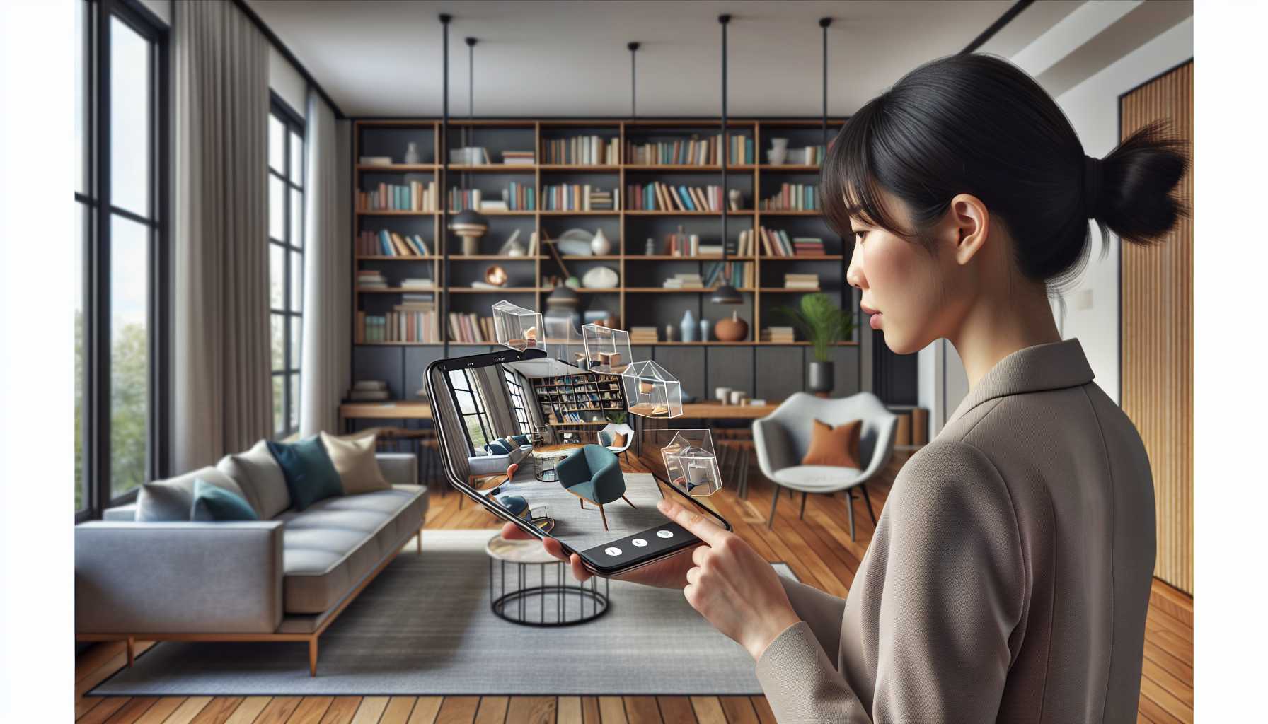 A person using an augmented reality app to visualize furniture in their living room