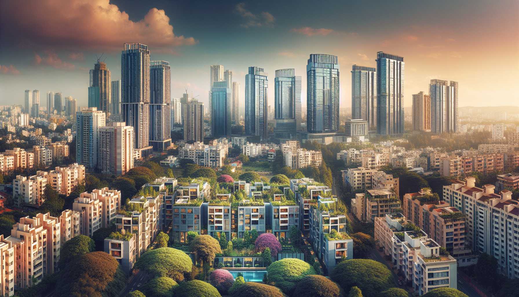 A cityscape of Bangalore, India, with many tall buildings and a lot of greenery