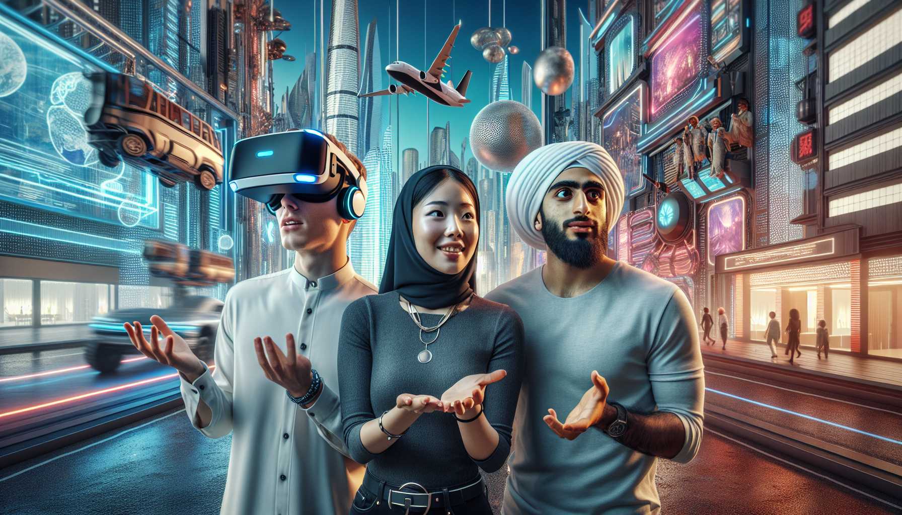 a person wearing a VR headset in a futuristic city