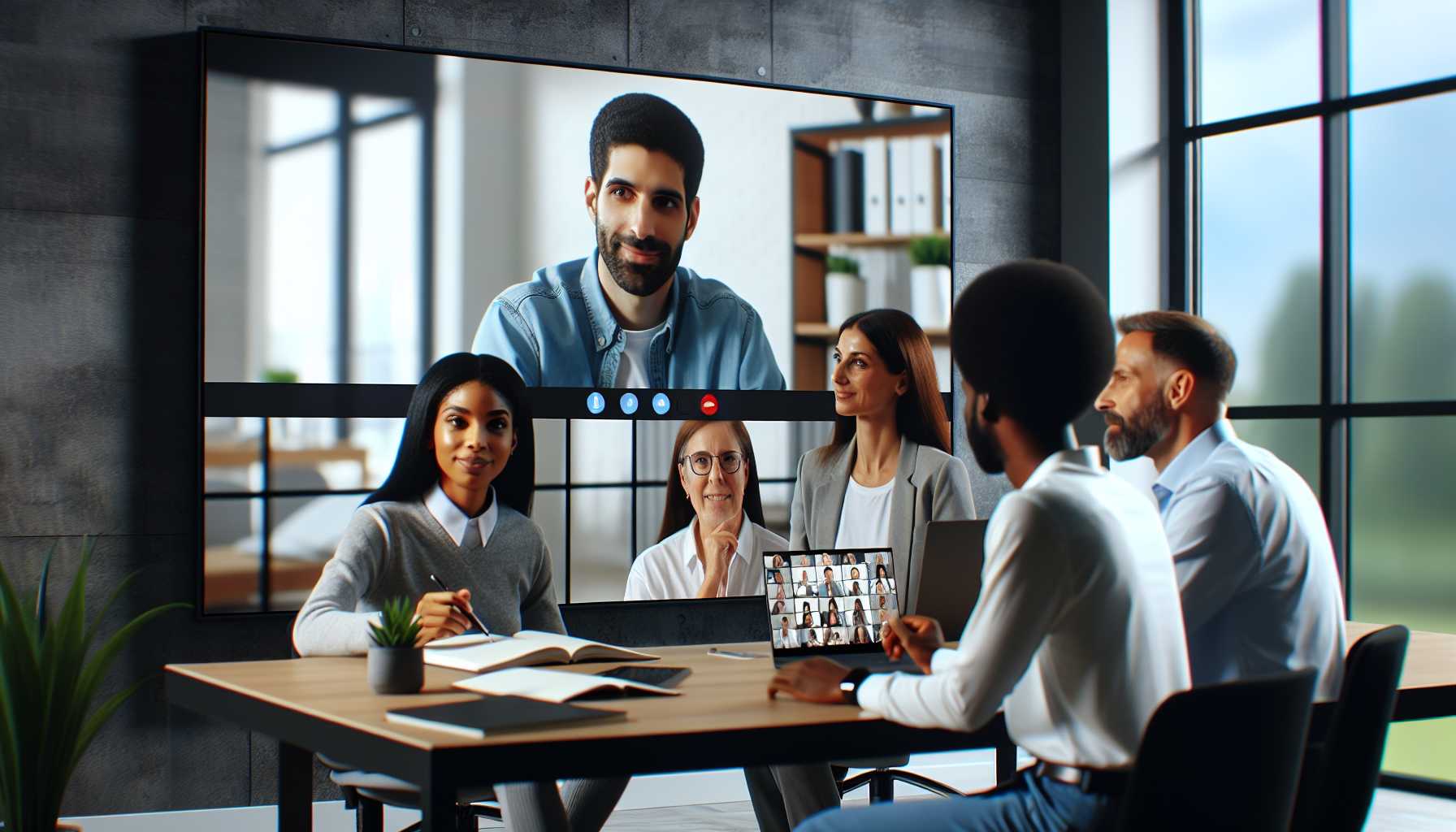 A group of diverse business professionals having a video conference using Zoom on a large screen in a modern office setting.