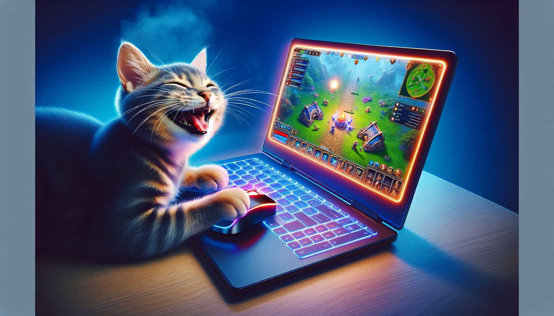 A happy cat playing a video game on a laptop with a cloud gaming service.