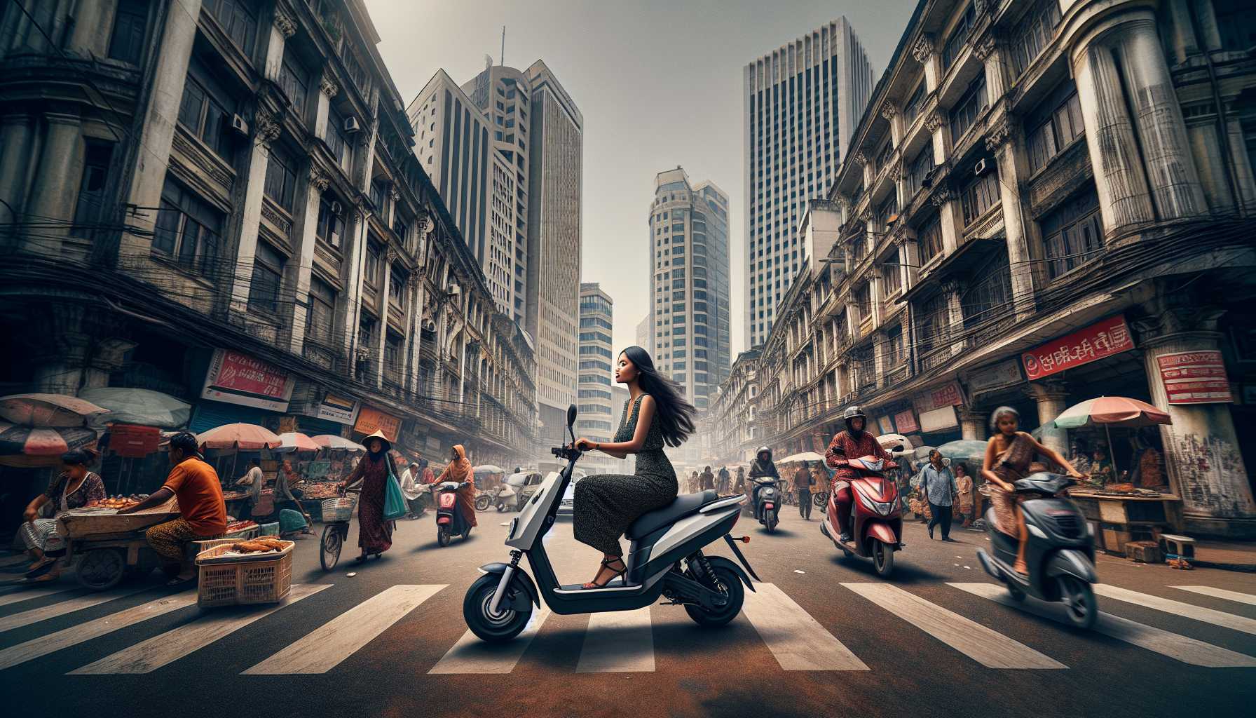 a person riding an electric scooter in a busy city street