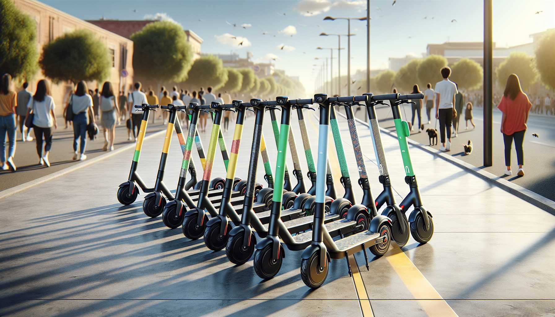 a row of parked electric scooters neatly arranged on a sidewalk