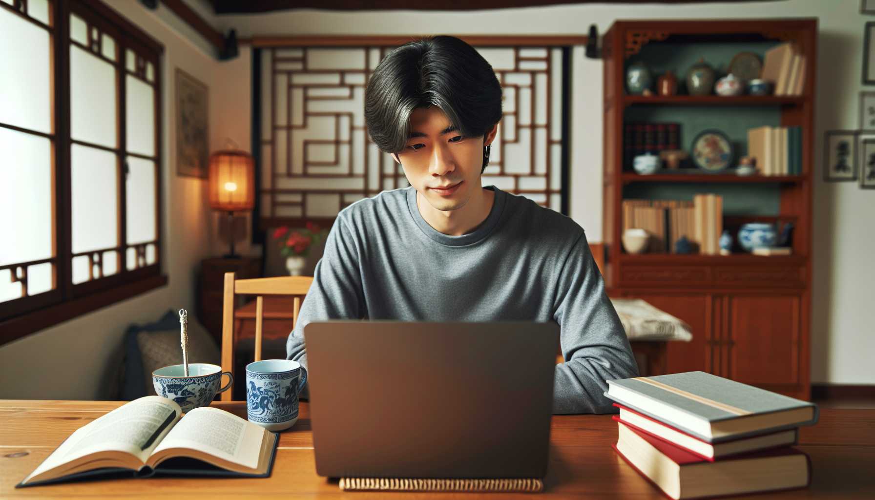 A student attending an online class on a laptop in China