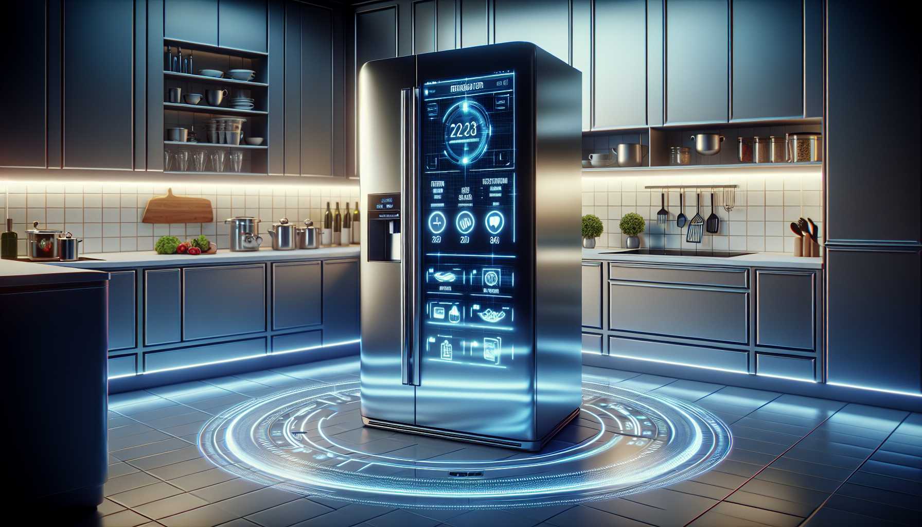 A futuristic smart fridge with a touchscreen display and sleek design.