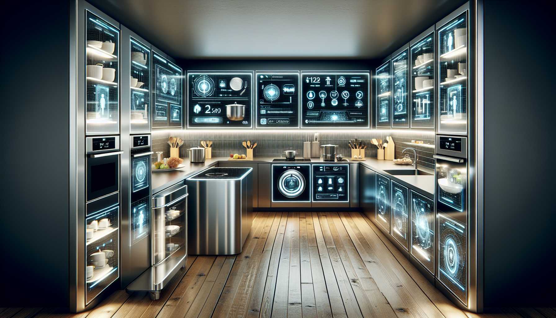 A futuristic kitchen with sleek, stainless steel smart appliances