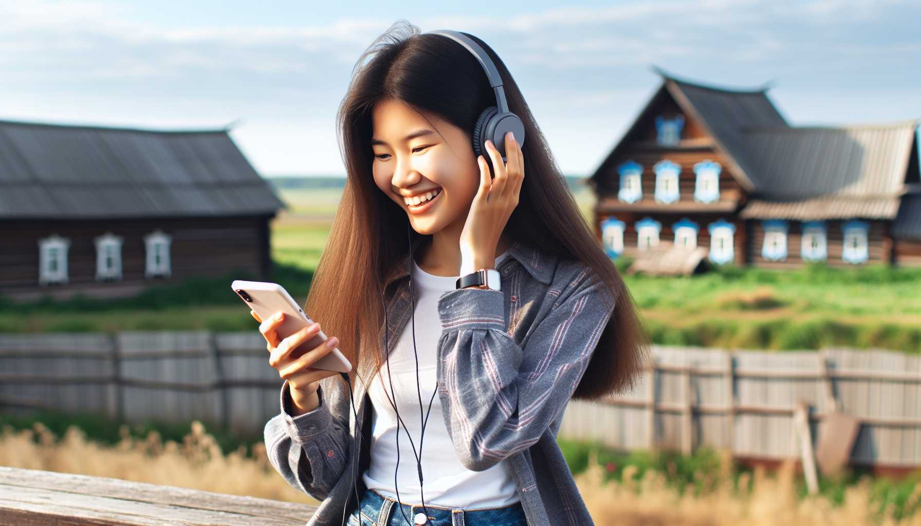 A teenager in Rostov Oblast listening to music on their phone with a happy expression