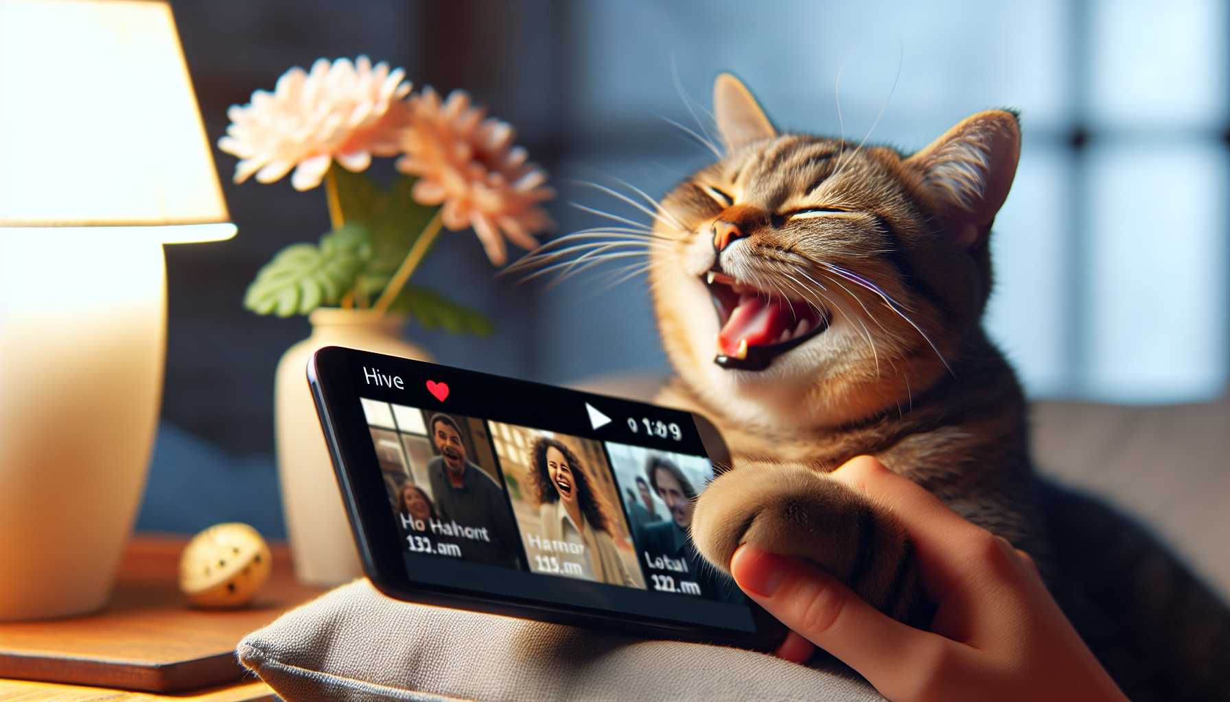 A happy cat watching a movie on Tencent Video on a smartphone