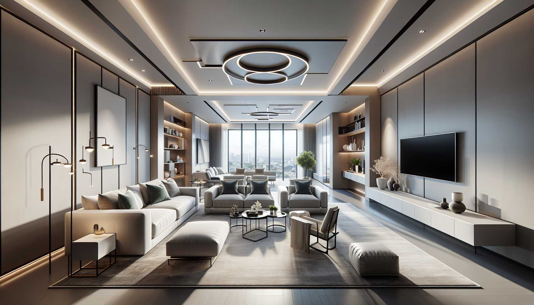 A modern living room with smart lighting integrated into the ceiling