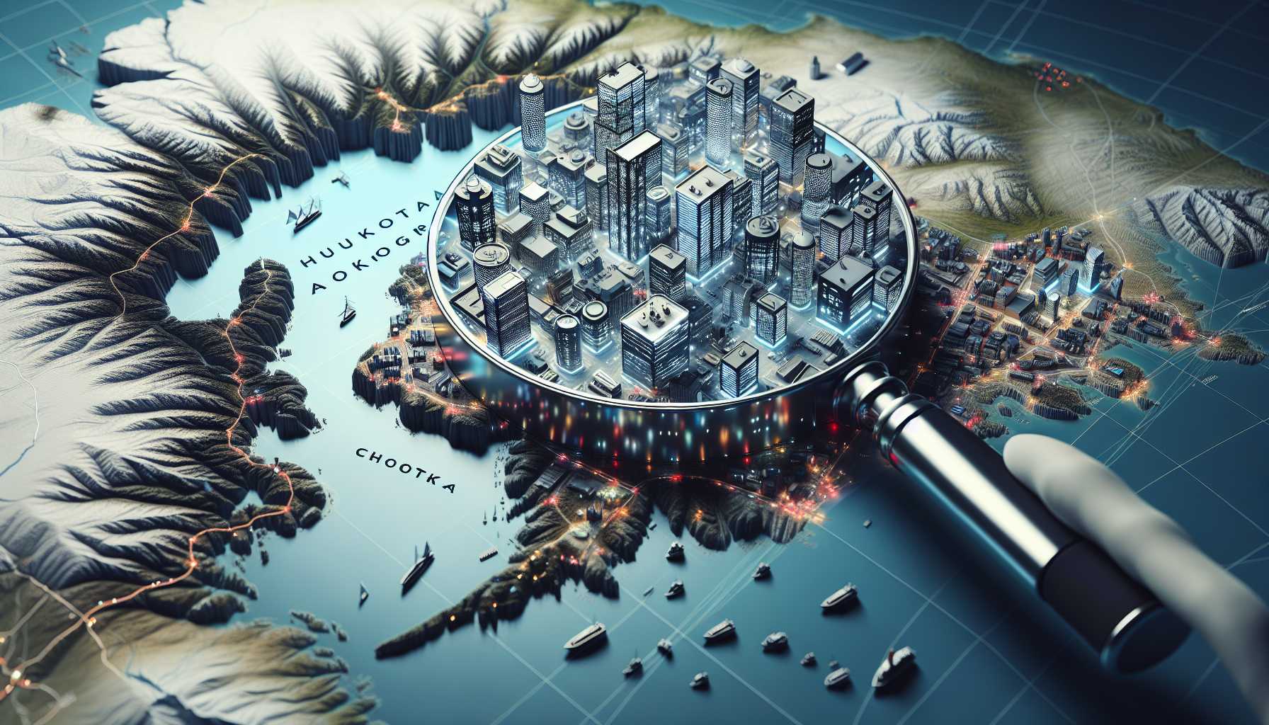 A map of Chukotka Autonomous Okrug with a magnifying glass focusing on a city with many digital marketing agencies