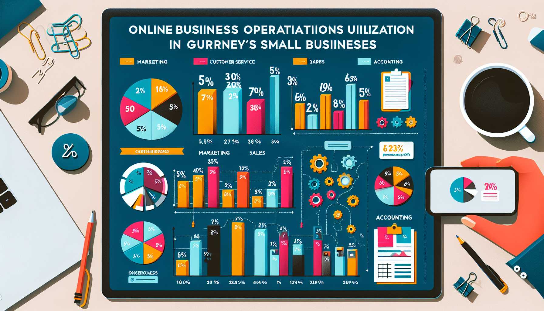 A graph showing the percentage of small businesses in Guernsey using online platforms for different business operations, such as marketing, sales, customer service, and accounting.