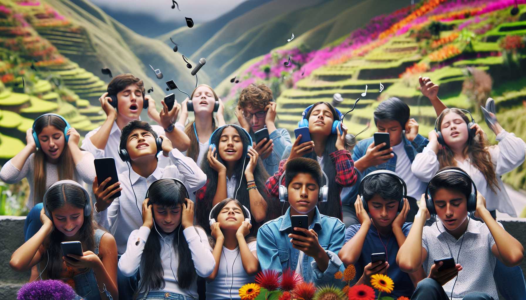 Teenagers in Ecuador listening to music on their smartphones