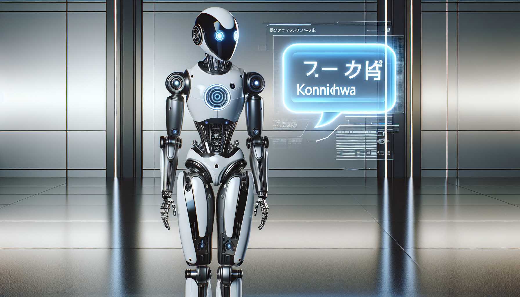 A robot with a chat bubble saying 'Konnichiwa' in Japanese