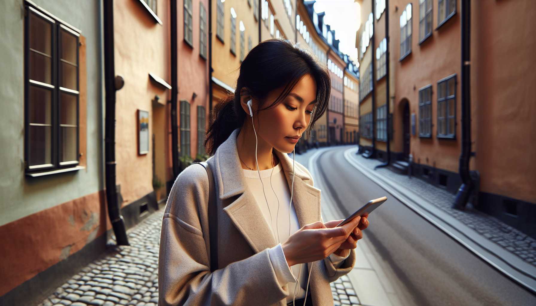 A person listening to a podcast on their phone while walking down a street in Stockholm, Sweden.