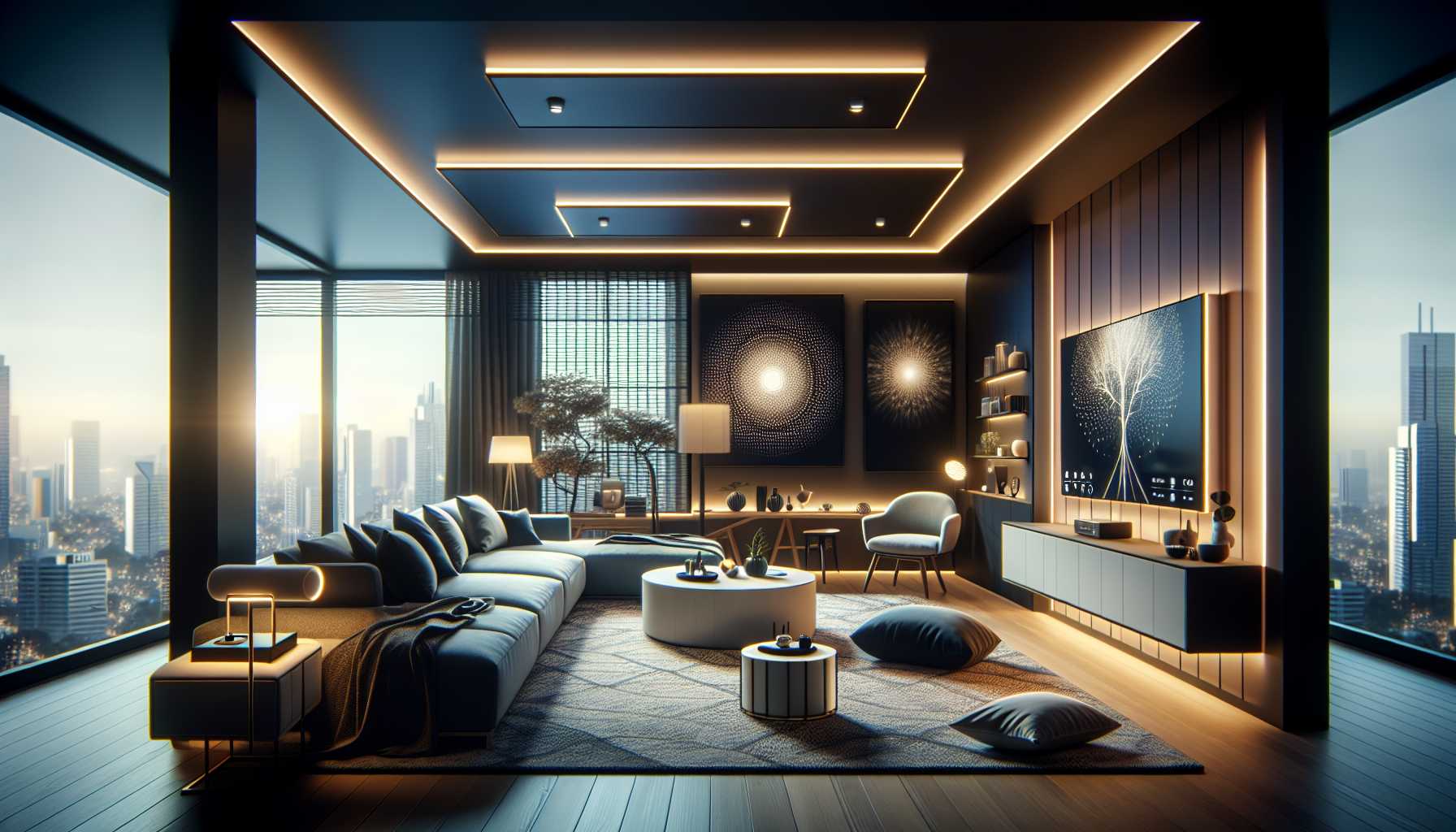 A modern living room with smart lights illuminating the space, creating a warm and inviting atmosphere.