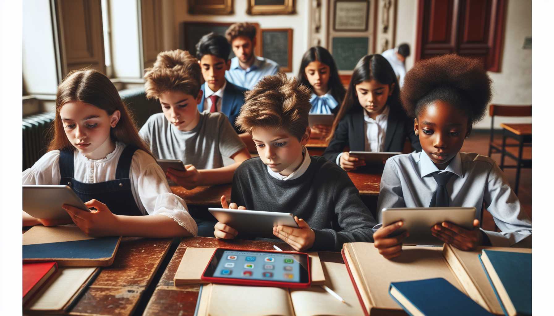 Italian students using educational apps on tablets in a classroom